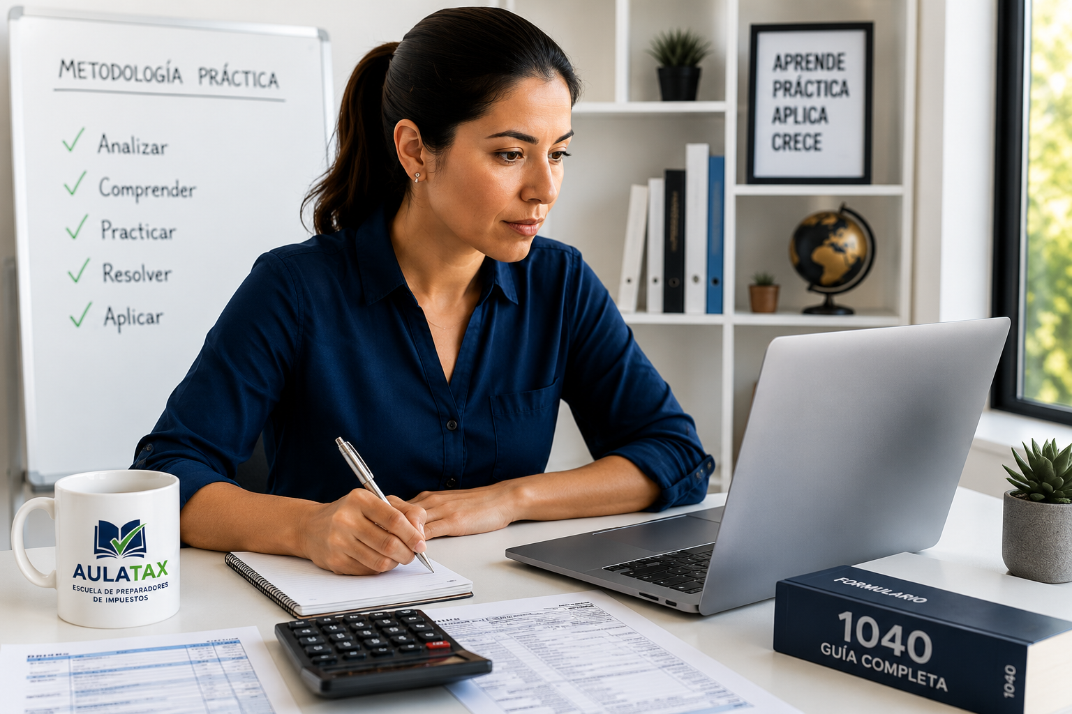 Preparadora de impuestos practicando con documentos fiscales y software profesional en AulaTax